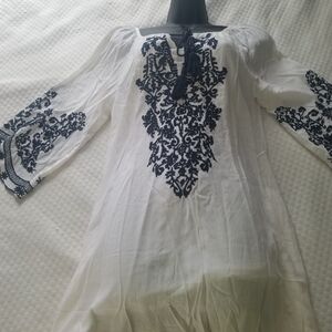 Embroidered Off-White Blouse with Dark Blue Detailing